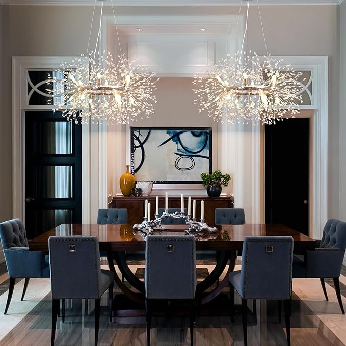 Modern Crystal Dandelion Chandelier, 12-Light (Bulb Included) Chrome Firework Dining Room Light Fixtures, Round Hanging Pendant Light for Hight Ceiling, Living Room, Entryway, Staircase, Foyer