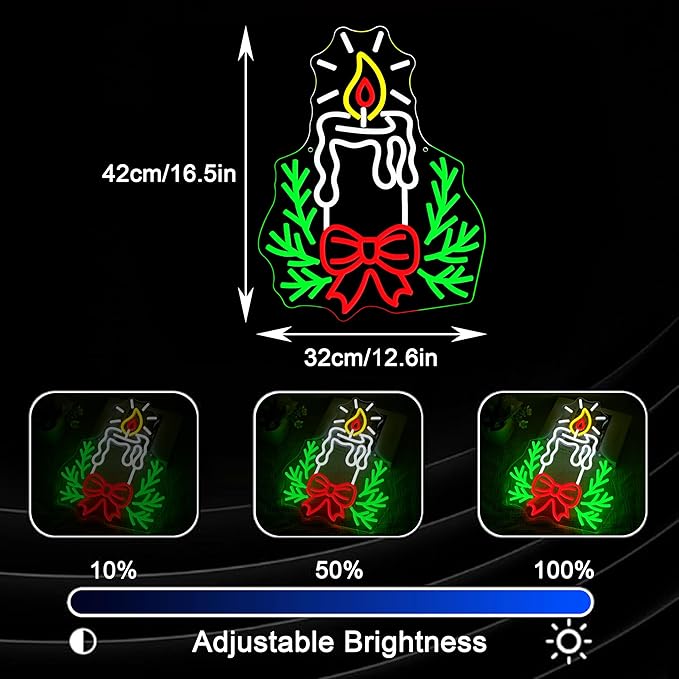 Candle Christmas Neon Sign with Dimmable Switch Christmas Bow Holly Neon Light Sign for Xmas Pray Home New Year Party Church Wedding Store Wall Decorations