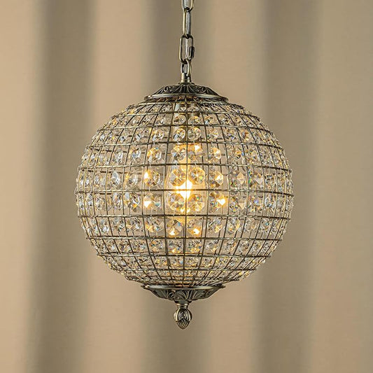 ALOADECOR 1-Light W12 in. Retro Antique Gold Globe Chandelier Small Crystal Vintage Cage-Style Shade Pendant Light for Kitchen Island Sphere Light Fixture for Bedoom