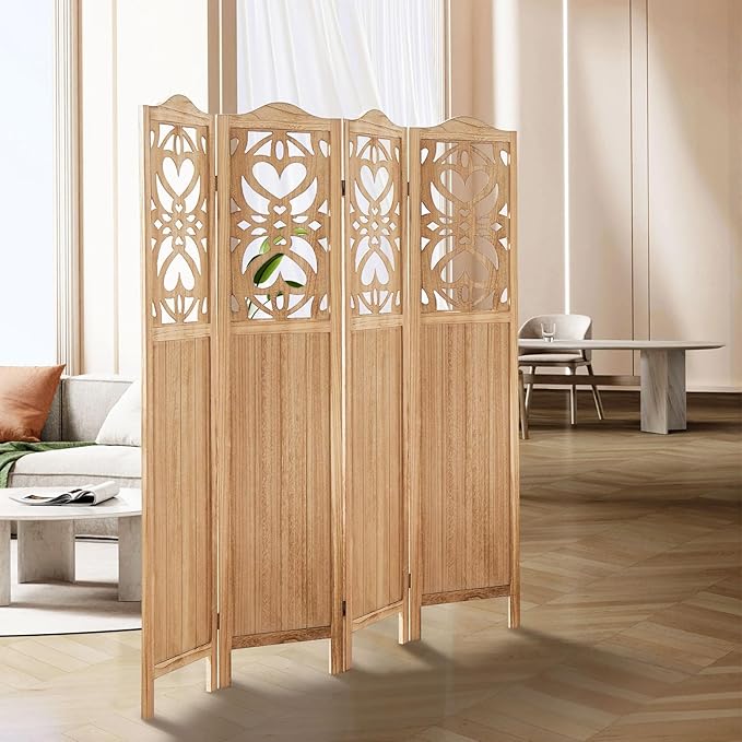 4 Panel Room Divider Fully Assembled, Carved Room Dividers and Folding Screens, 5.6Ft Wood Room Divider Screen Freestanding Partition Wall Dividers for Home Bedroom Office, Rustic Wood Color