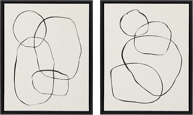 Kate and Laurel Sylvie Modern Circles and Going in Circles Framed Linen Textured Canvas Wall Art by Teju Reval, 2 Piece 18x24 Minimalist Abstract Black