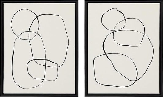 Kate and Laurel Sylvie Modern Circles and Going in Circles Framed Linen Textured Canvas Wall Art by Teju Reval, 2 Piece 18x24 Minimalist Abstract Black