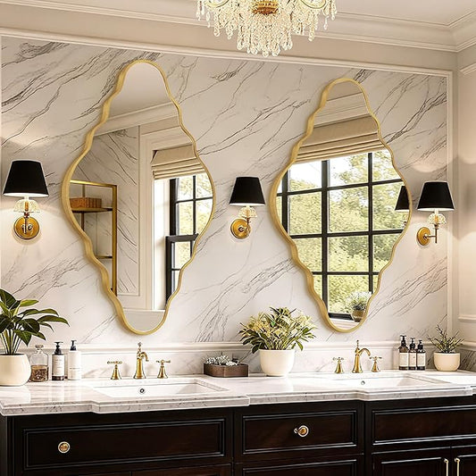 Vintage Scalloped Mirror for Bathroom, 26"x42"Gold Bathroom Mirror for Wall with Brushed Alloy Steel Frame&Shatter-Proof Glass, Decorative Antique Wall Mirrors,Entryway Fireplace Bedroom(X1)