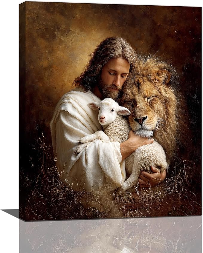 Jesus Lion Lamb Wall Art Christian Jesus Wall Decor Lion of Judah Pictures Religious God Canvas Painting Print Christ Artwork Decoration for Living Room Bedroom Church Framed Gifts 16”X20”