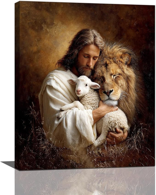 Jesus Lion Lamb Wall Art Christian Jesus Wall Decor Lion of Judah Pictures Religious God Canvas Painting Print Christ Artwork Decoration for Living Room Bedroom Church Framed Gifts 16”X20”