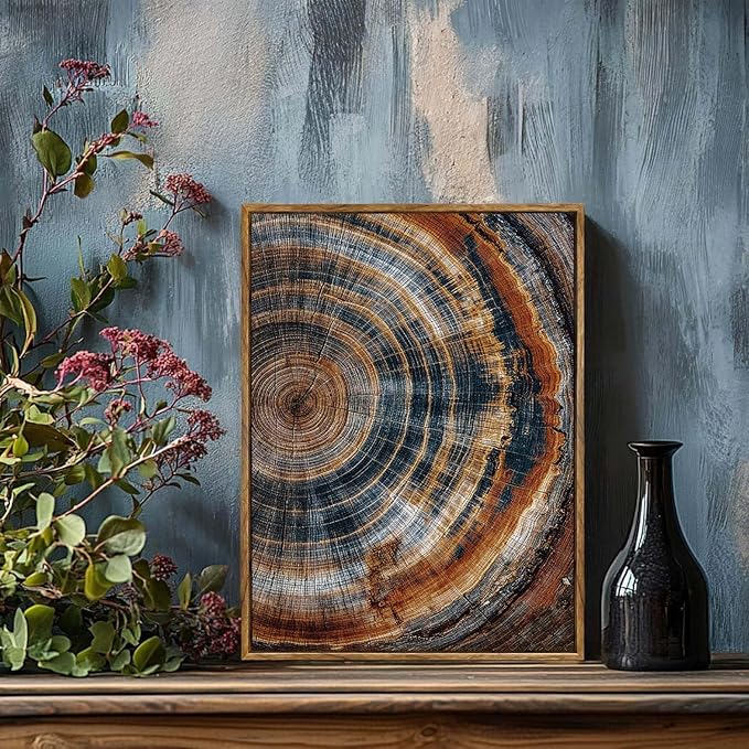 BingruiArt Framed Tree Ring Canvas Wall Art Abstract Wood Wall Decor Boho Modern Colorful Nature Painting Wood Stump Prints Pictures for Living Room Bedroom Bathroom Office 12"x16" Natural Framed(04)