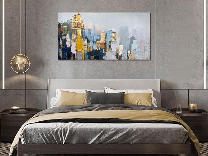 Arjun Neutral Wall Art Painting Abstract Art Wall Decor Canvas, Large Textured Skyline for Living Room Gold Painting Modern Wall Art for Men Bedroom Cityscape Artwork Home Office Wall Decor, 48"x24"
