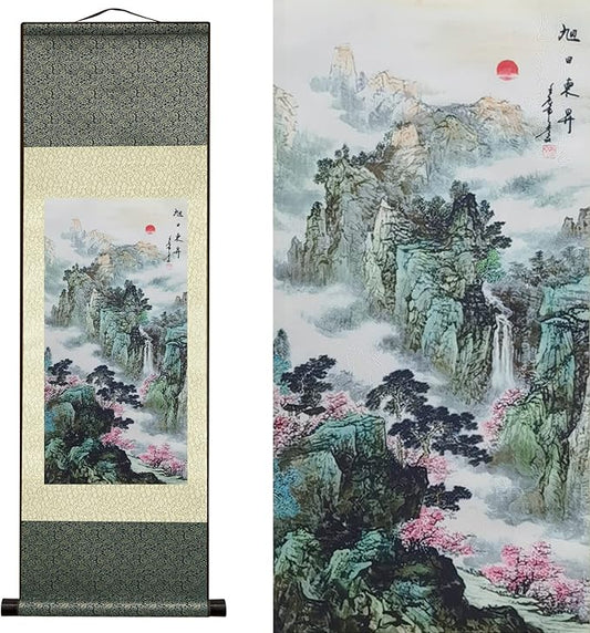 AtfArt Asian Wall Decor - Beautiful Silk Scroll Painting of Waterfall River Landscape - Rising Sun East Rises Oriental Decor - Chinese Art Wall Scroll Hanging (36.2x12 in)