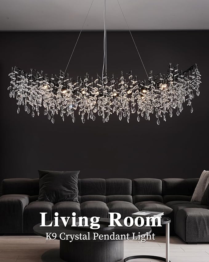 Black Chandelier, 16 Light Modern Chandelier for Dining Room Over Table, Industrial 63" Hanging Lighting with K9 Crystal Tree Branch Rectangular Chandeliers for Living Room Kitchen Island