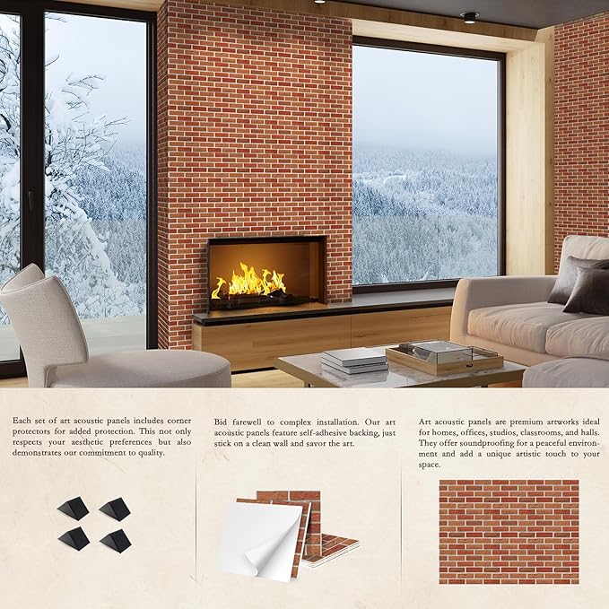 12Pack Acoustic Panels, Self-Adhesive 3D Brick Pattern Sound Proof Panels for Walls, Decorative Sound Dampening Wall Panels for Recording Studios, Offices, Home, 12"×12"×0.4", Red