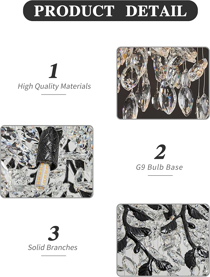 Modern Crystal Chandelier for Dining Room, 31.5" 10-Light Black Tree Branch Chandeliers, Luxury K9 Crystal Rectangular Chandeliers for Kitchen Island Living Room