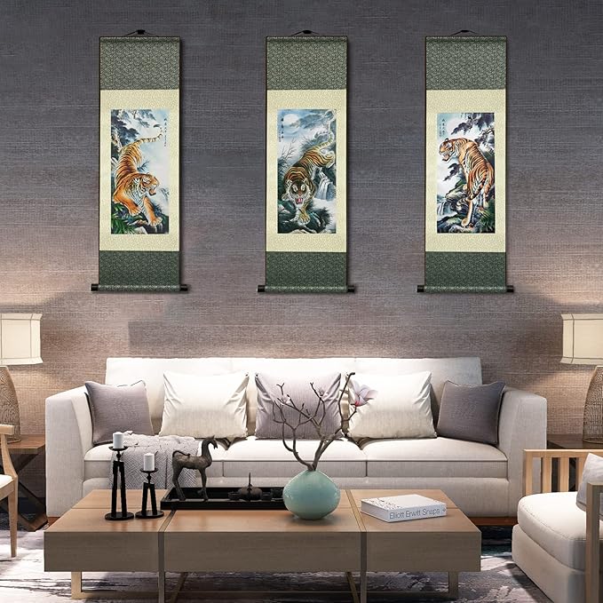AtfArt Asian Wall Decor Beautiful Silk Scroll Painting Animal - Tiger King Deterrence - Angry Tiger Oriental Decor Chinese Art Wall Hanging Painting Scroll (36.2 x 12 in)
