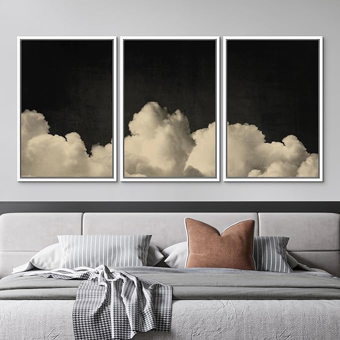 MUDECOR Framed Canvas Print Wall Art Dramatic Cloudscape Black and Beige Sky Illustrations Realism Decorative for Living Room, Bedroom, Office - 24"x36"x3 White