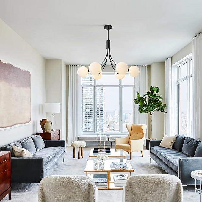 6-Light Modern Farmhouse Black Chandelier, Mid Century Dining Room Light Fixtures Over Table, Hanging Sputnik Chandelier for Kitchen Island Living Room Bedroom Office, Milk White Globe Glass Shade
