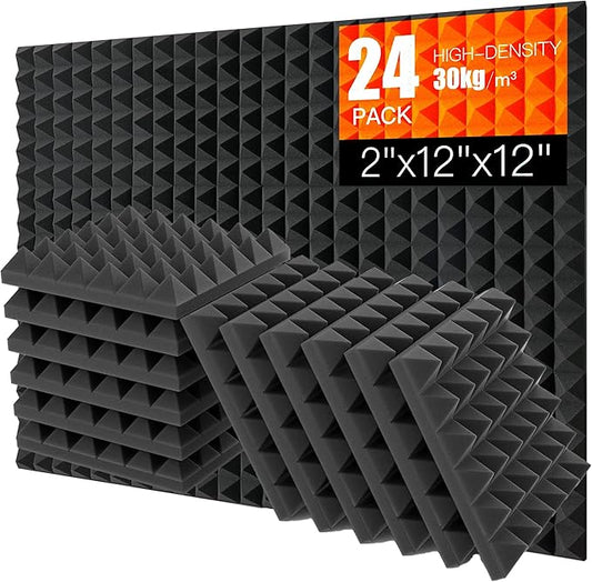24 Pack Pyramid Designed SoundProof FoamPanels 2" x 12"x 12" Saiqiang Acoustic Foam Panels Soundproofing Sound Absorbing Black Sound Proof Foam Panels for Walls