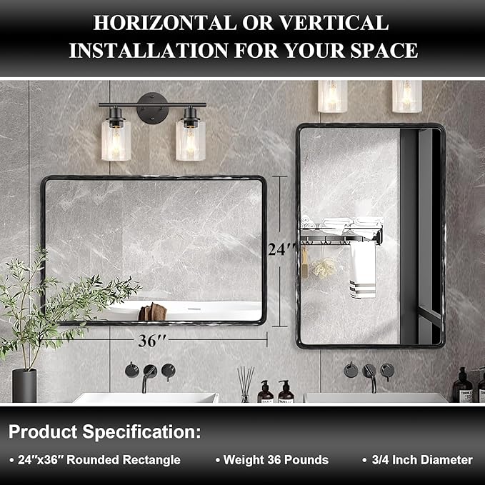 ANDY STAR Hand-Forged Black Bathroom Mirrors for Wall, 24x36 Inch Vintage Solid Steel Metal Frame Bathroom Vanity Mirror, Antique Rounded Rectangle Wall Mirror, Hangs Horizontally or Vertically