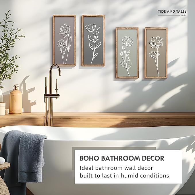 3D Wooden Floral Bathroom Wall Decor (Set of 4) Lightweight, Ready-to-Hang Framed Wall Art For Living Room, Bedroom, or Office - Premium Boho Botanical Farmhouse Decorations - Gift-Boxed
