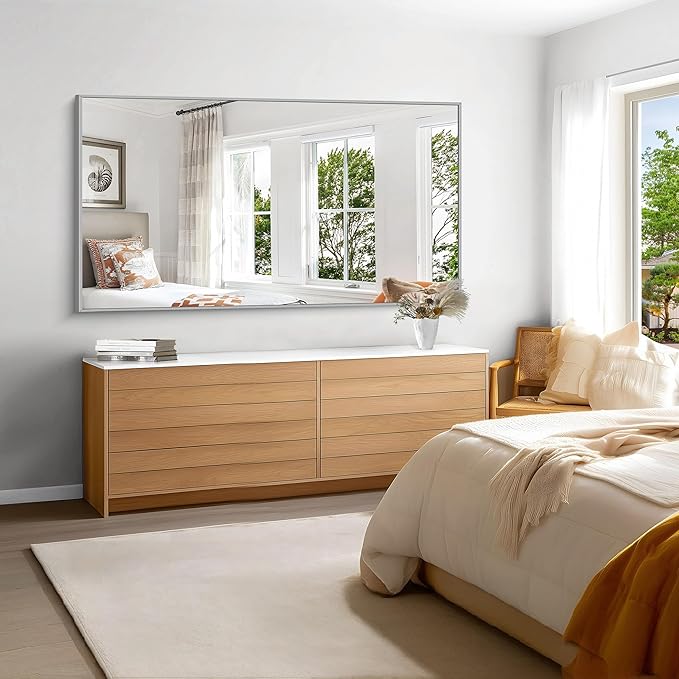 KOCUUY Silver Bathroom Mirror, 60"x30" Large Rectangle Bathroom Mirror for Wall, HD Tempered Glass, Anti-Rust Brushed Silver Frame, Modern Design for Bathroom, Bedroom, Hang Horizontal/Vertical