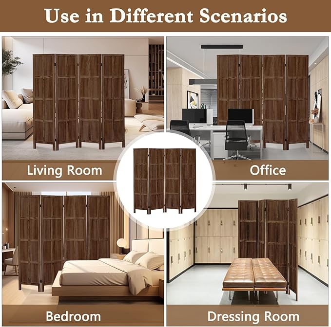 4 Panel Room Divider, 5.6Ft Wood Room Dividers and Folding Privacy Screens, Room Divider Wall Freestanding Room Partitions, Room Dividers Screen for Home Office Restaurant Bedroom, Dark Brown