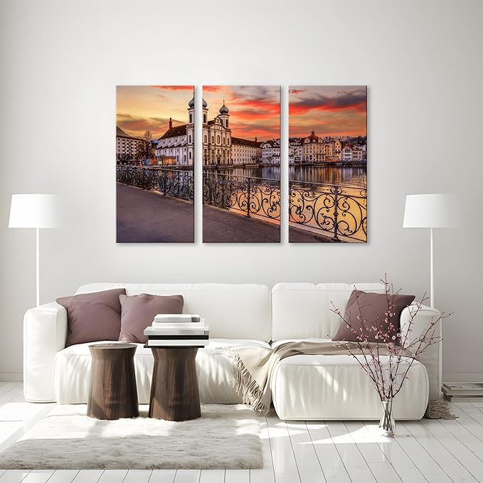 3Pcs European Cityscape Canvas Wall Art Scenic Sunset Over River Cathedral with Domes Lucerne-Inspired Architecture Romantic Travel Destination Decorative Framed Artwork for Living Rooms Bedrooms