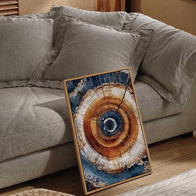BingruiArt Framed Tree Ring Canvas Wall Art Abstract Wood Wall Decor Boho Modern Colorful Nature Painting Wood Stump Prints Pictures for Living Room Bedroom Bathroom Office 16"x24" Natural Framed(05)