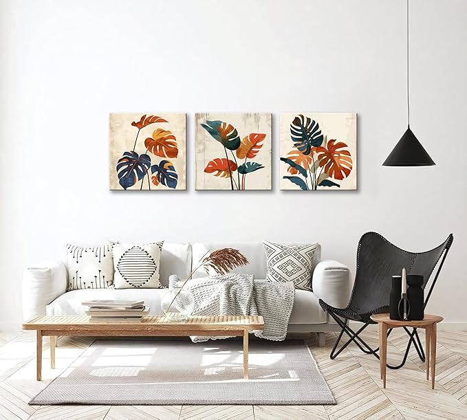 NAN Wind 3Pcs Modern Mid-century Abstract Tropical Monstera Leaf Canvas Art Orange and Blue Botanical Wall Print Minimalist Wall Decor Tropical Leaves Framed Wall Art for Contemporary Home Decor