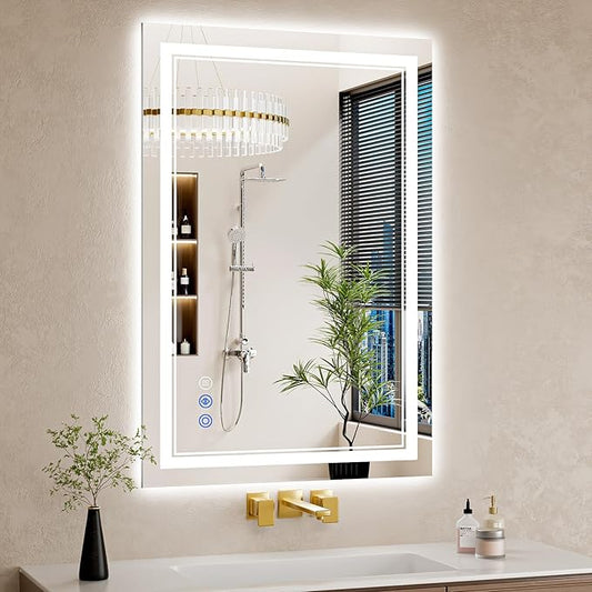 26"x38" Bathroom Mirror with Lights, Anti-Fog, Backlit + Front Lit, Dimmable, Led Vanity Mirror for Wall, Lighted Bathroom Mirror, 3 Colors, Shatter-Proof Tempered Glass