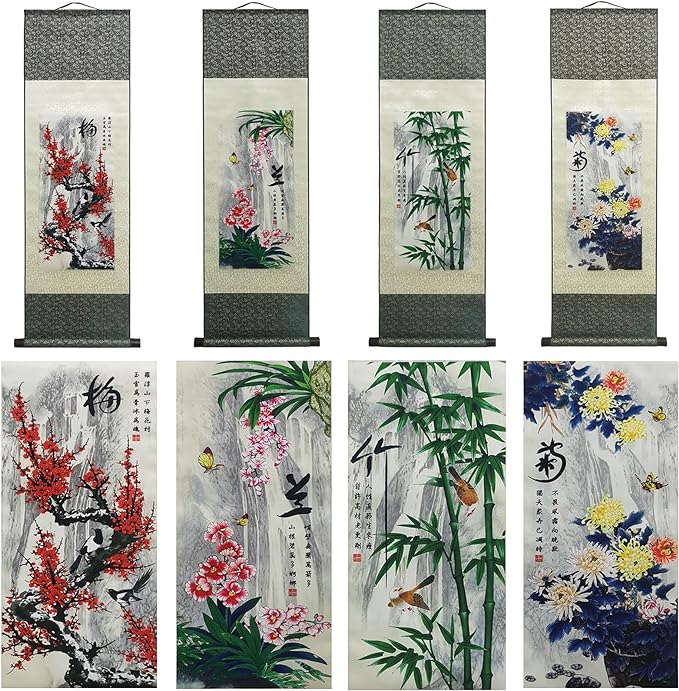 AtfArt Asian Wall Decor Beautiful Silk Scroll Painting 4 Righteous Men Flowers - Plum Orchid Bamboo Chrysanthemum Oriental Decor Chinese Art Wall Scroll Hanging Painting Scroll (4 Piece)…
