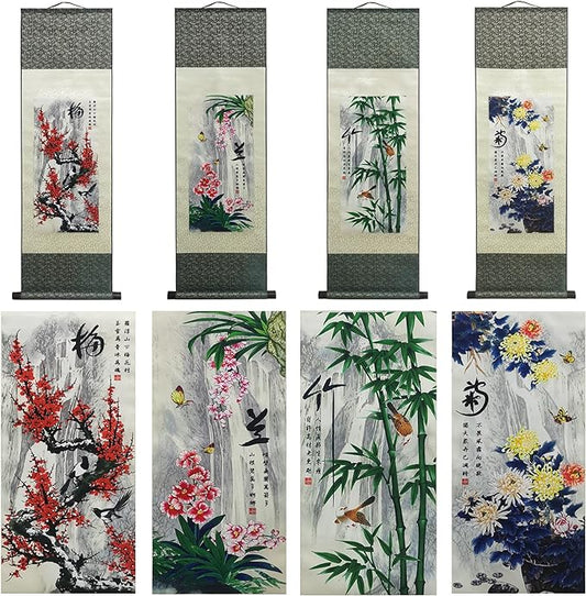 AtfArt Asian Wall Decor Beautiful Silk Scroll Painting 4 Righteous Men Flowers - Plum Orchid Bamboo Chrysanthemum Oriental Decor Chinese Art Wall Scroll Hanging Painting Scroll (4 Piece)…