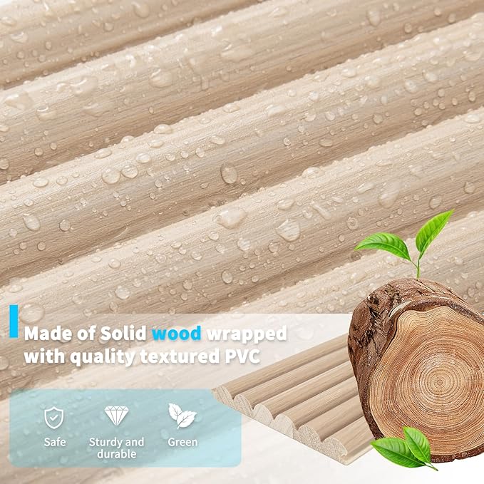 Art3d Fluted Wood Panel for Wall and Ceiling, Beaded Accent molding for Home Decoration, Pack of 4pcs + 1pc End-Trim, Size 108 x 5.7in.- Beaded Ashtree