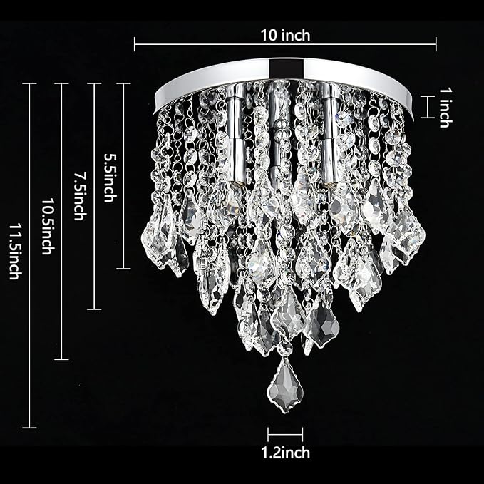 3-Light Mini Crystal Chandelier,10" Modern Chandelier Lighting Fixture,K9 Crystal Flush Mount Ceiling Light,Crystal Ceiling Light for Girls Bedroom Closet Foyer Entryway Aisle,Chrome