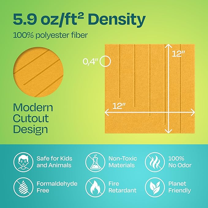 Acoustic Panels 12-Pack Soundproof Wall Panels 12"x12"x0.4" Decorative Sound Dampening for Your Home, Office, Studio, Bedroom & More with Unique LineWave Carving [Yellow Orange Gold]