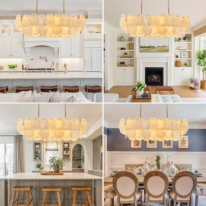 Alabaster Rectangle Chandelier for Dining Room, L39in Modern White Marble Chandeliers, Luxury Natural Spanish Brass Alabaster Chandelier Over Table for Kitchen Island Living Room Dining Table
