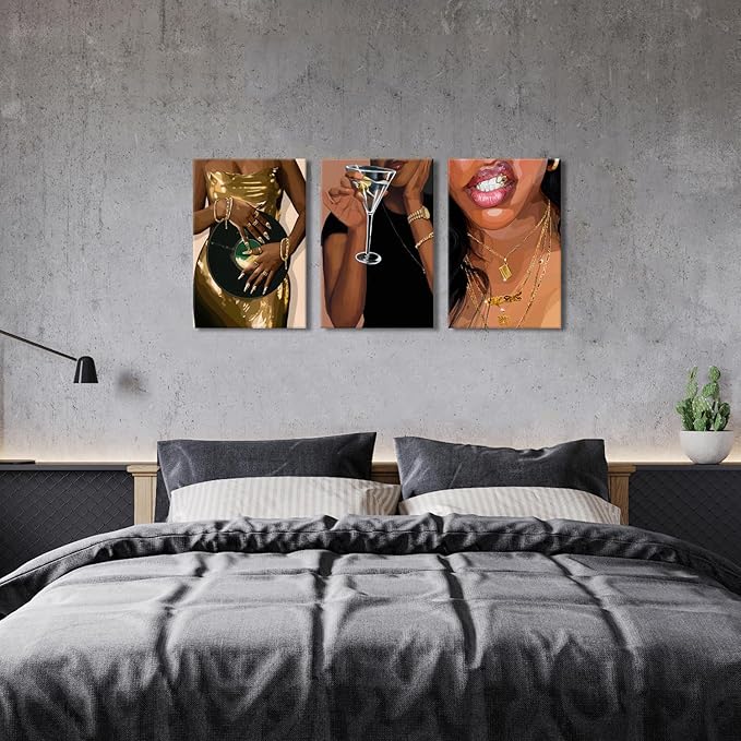 Black Woman Wall Art Set of 3, Trendy African American Women Painting Black Girl Song Lover Canvas Poster Prints Aesthetic Picture for Girls room Decor Female Bedroom Living Room Home Decoration 16x24
