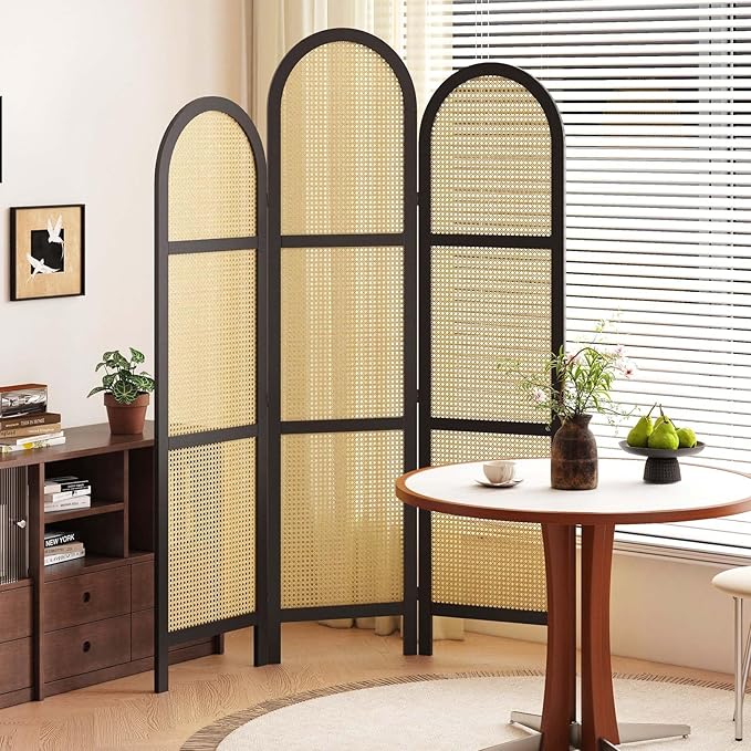 3-Panel Hand-Woven Rattan Room Divider, Tall Foldable Privacy Screen with Wooden Frame - Freestanding Portable Partition for Home Office, Bedroom, Bathroom(Black-Wave)
