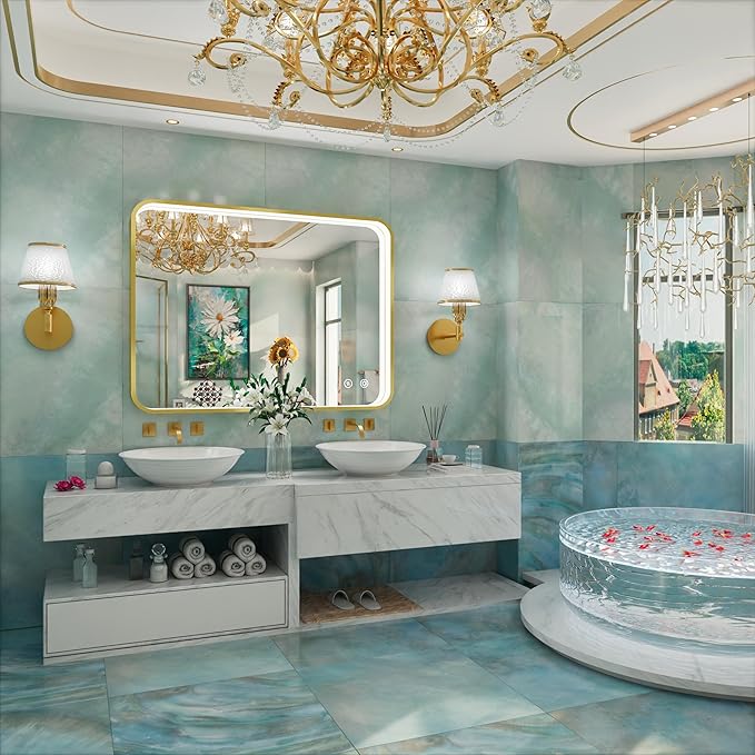 40x30 Inch Gold LED Mirror for Bathroom with Lights, Wall Mounted Lighted Bathroom Vanity Mirrors, Anti-Fog, Memory Funtion, Stepless Dimmable, Horizontal or Vertical