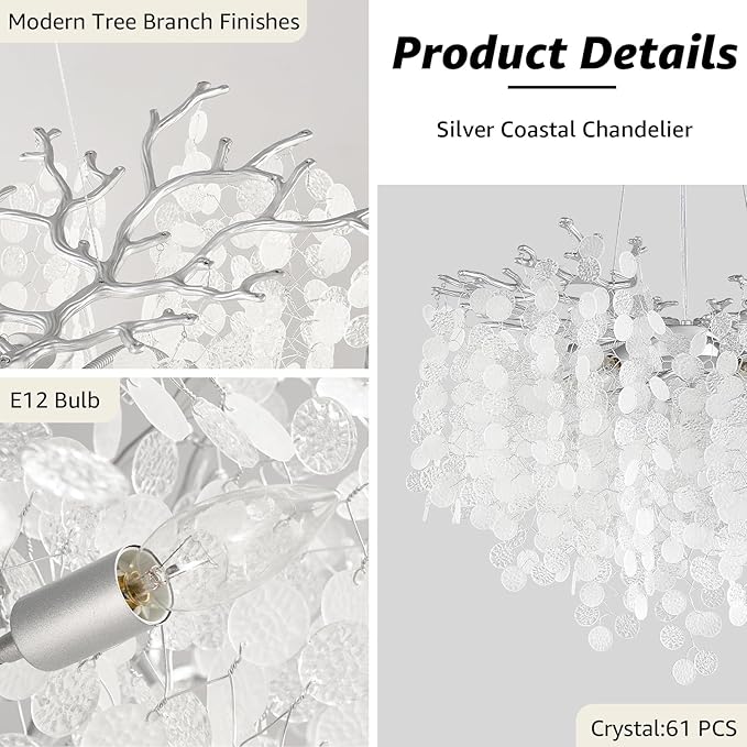 24-Inch Modern Coastal Chandelier, 8-Light Capiz Shell Chandelier for Dining Room, Silver Crystal Light Fixtures for Bedroom Living Room Foyer Kitchen Island Entryway Stairwell, E12