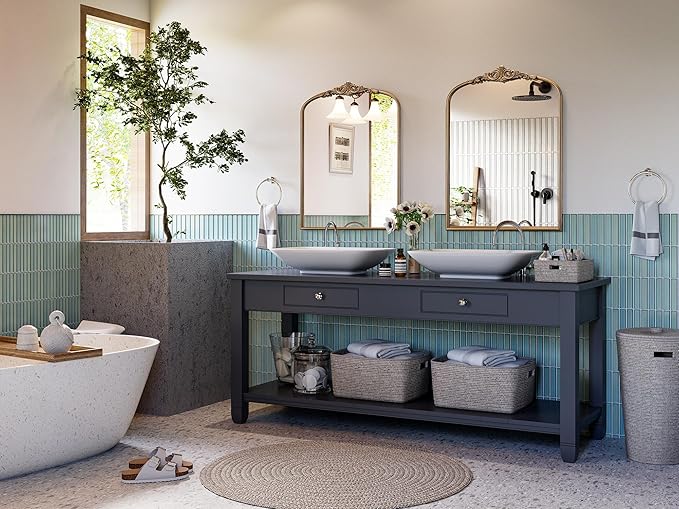 Arched Antique Wall Mirror, 22"x30" Vintage Gold Bathroom Vanity Mirror, Ornate Arch Bronze Mirror for Over Sink/Fireplace/Entryway