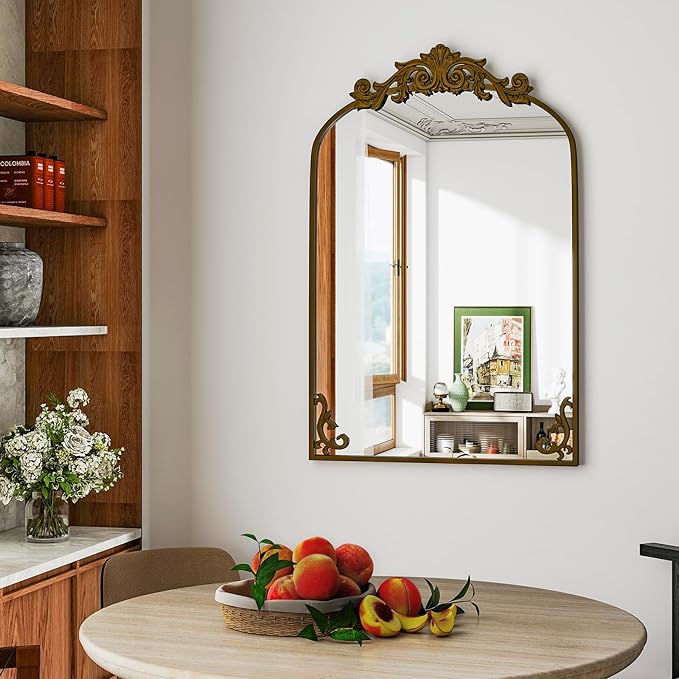 38"x 26" Arched Bathroom Mirror, Wall-Mounted Mirror with Carved Metal Frame & Bottom Art Carved, Vanity Mirror for Home Decor, Hanging Wall Mirror with Baroque Ornate Carved Accents, Vintage Bronze