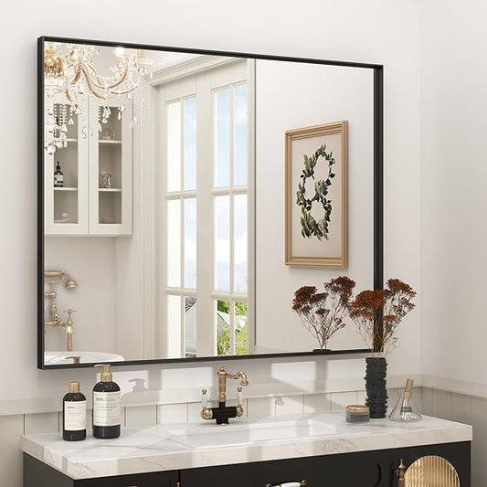 44x36 Inch Black Metal Framed Wall Mirror for Wall, Matte Black Rectangle Mirror, Bathroom Vanity Mirror with Square Corner, Shatterproof, Anti-Rust (Horizontal/Vertical)