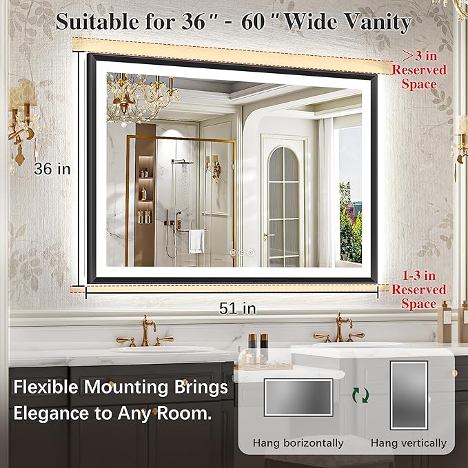 51x36 Black Framed Led Bathroom Mirror with Lights, Front Lit and Backlit, Lighted Vanity Mirror for Bathroom Wall, Anti-Fog, Dimmable, 3 Colors, Memory, HD Tempered Glass