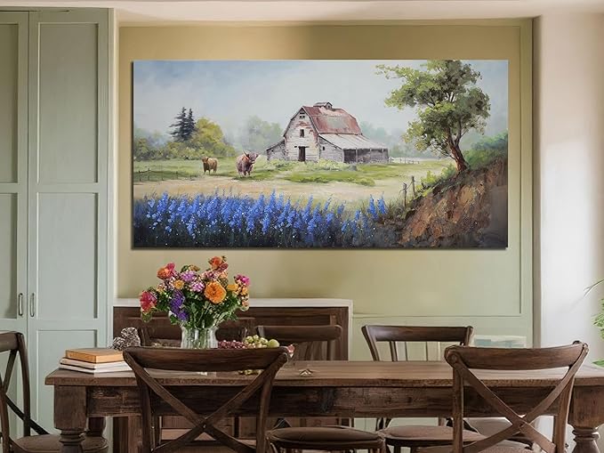 Arjun Farmhouse Canvas Wall Art Farm Highland Cow Landscape Picture Rustic Countryside Barn Painting Village Nature Artwork Large Size Framed for Living Room Bedroom Home Office Wall Decor, 48"x24"