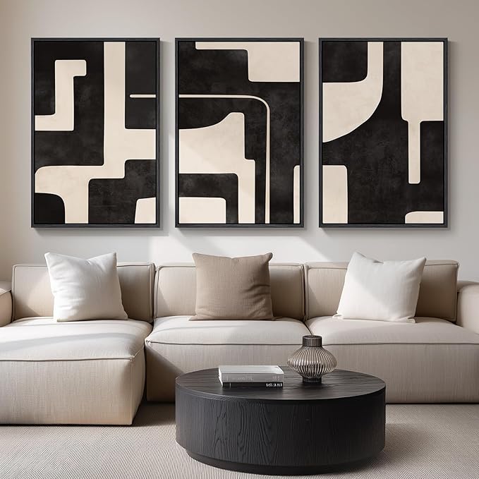 Large Framed Neutral Abstract Wall Art for Living Room, 3 Piece Black Beige Canvas Prints Paintings Artwork for Walls, Modern Minimalist Abstract Pictures for Hallway Office Wall Decor 24x36 In