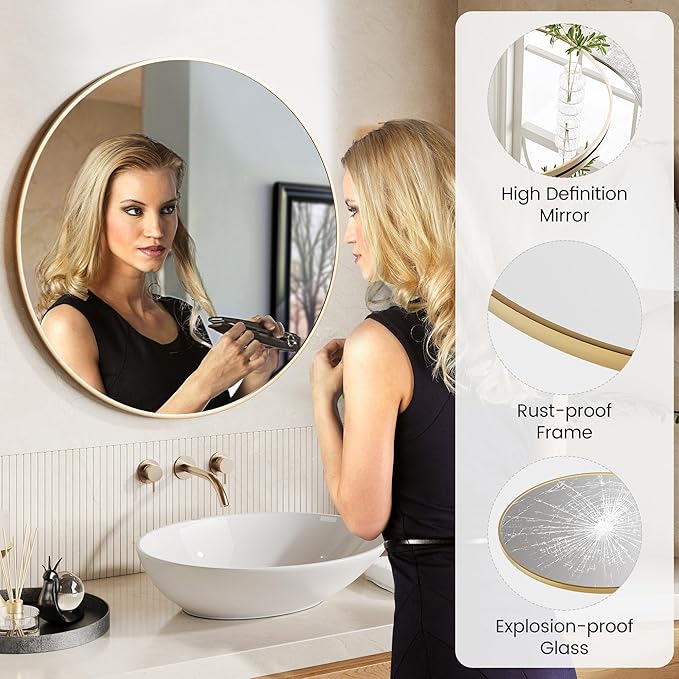 30" Gold Round Mirror for Wall, Large Circle Bathroom Mirror for Over Sink, Matte Gold Metal Frame, HD Eco-Friendly Glass, Contemporary Vanity Entryway Hallway Living Room Home Decor, Easy to Hang
