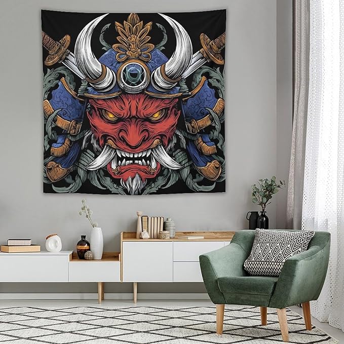 UUKXKUU Oriental Retro Mask Symmetry Samurai Tapestry Large Wall Art Backdrop Flag Wall Hanging Decor for Living Room Bedroom Dorm Office 60"×60"