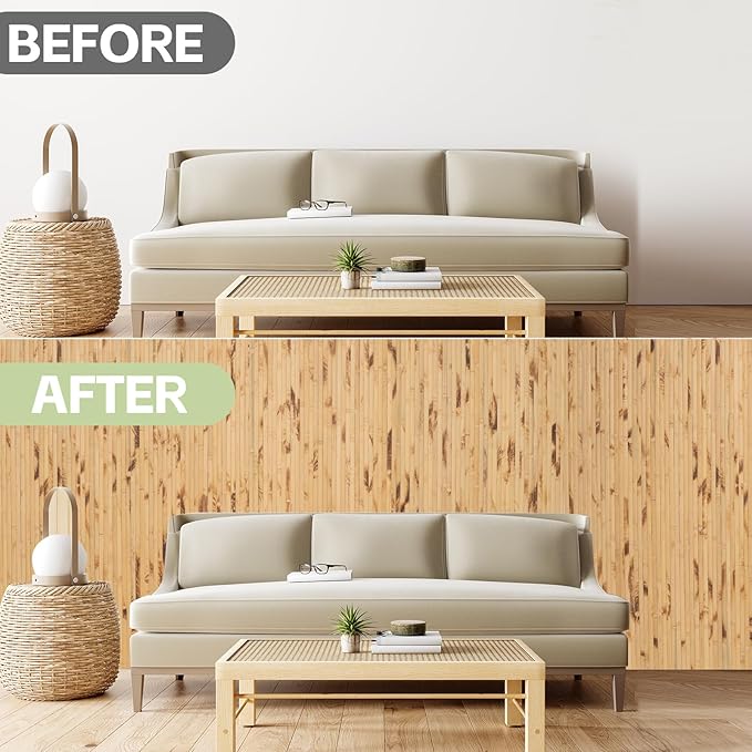 Bamboo Wall Panels for Interior Wall Decor（12"H x 96"L）Natural Wainscoting Panels Wall Paneling for Living Room Decor, Tiki Bar,Kitchen,Ceiling Tiles, Pole Wrap Wood Roll,Wall Decor for Bedroom