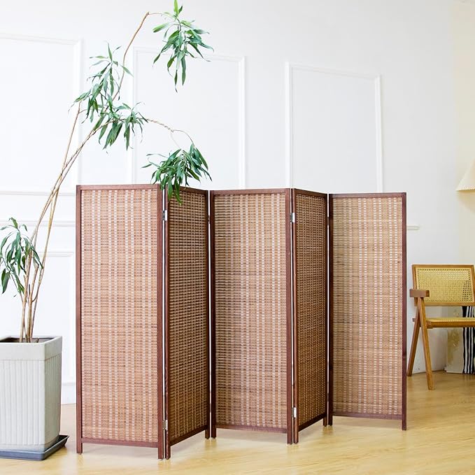 5 Panel Room Divider Short Folding Screen Divider,Double Sided Bamboo Panel Divider for Room Separation,Brown,47.2" H x 76.75" W