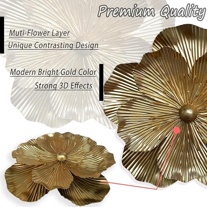 Metal Flower Wall Art Decor, 9" Rustic Modern Floral Sculpture, Distressed Iron Wall Hanging Home Decoration Accent Artworks for Indoor Kitchen Bedroom Living Office Outdoor Garden Patio (35A-Gold)