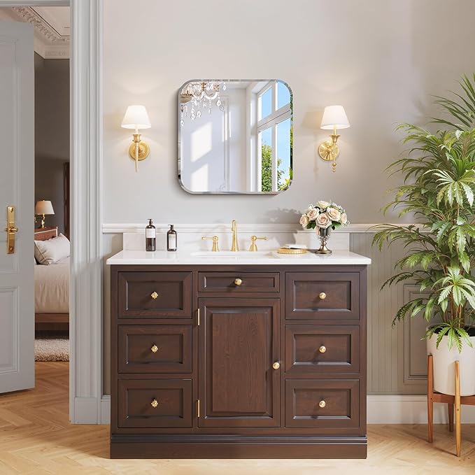 Beveled Frameless Mirror, 18x18 Square Bathroom Mirror Rounded Corner, 18 inch Frameless Vanity Mirror, Shatterproof Lightweight Design Wall Mirror for Bedroom Living Room Entryway