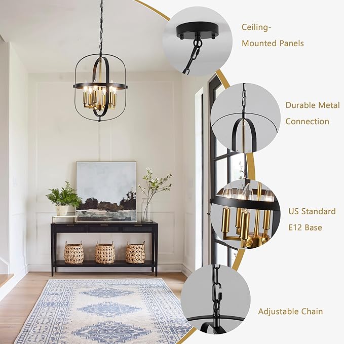 ANKYLHUA Black and Gold Chandelier for Dining Room Light Fixture,6-Light Small Chandelier for Entryway Foyer Lighting Fixtures Adjustable Modern Farmhouse Pendant Lights for Living Room Kitchen